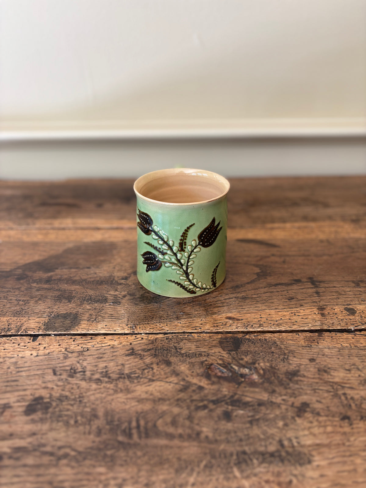 Savoyard Green Coffee Mug with Hand-painted Floral Design